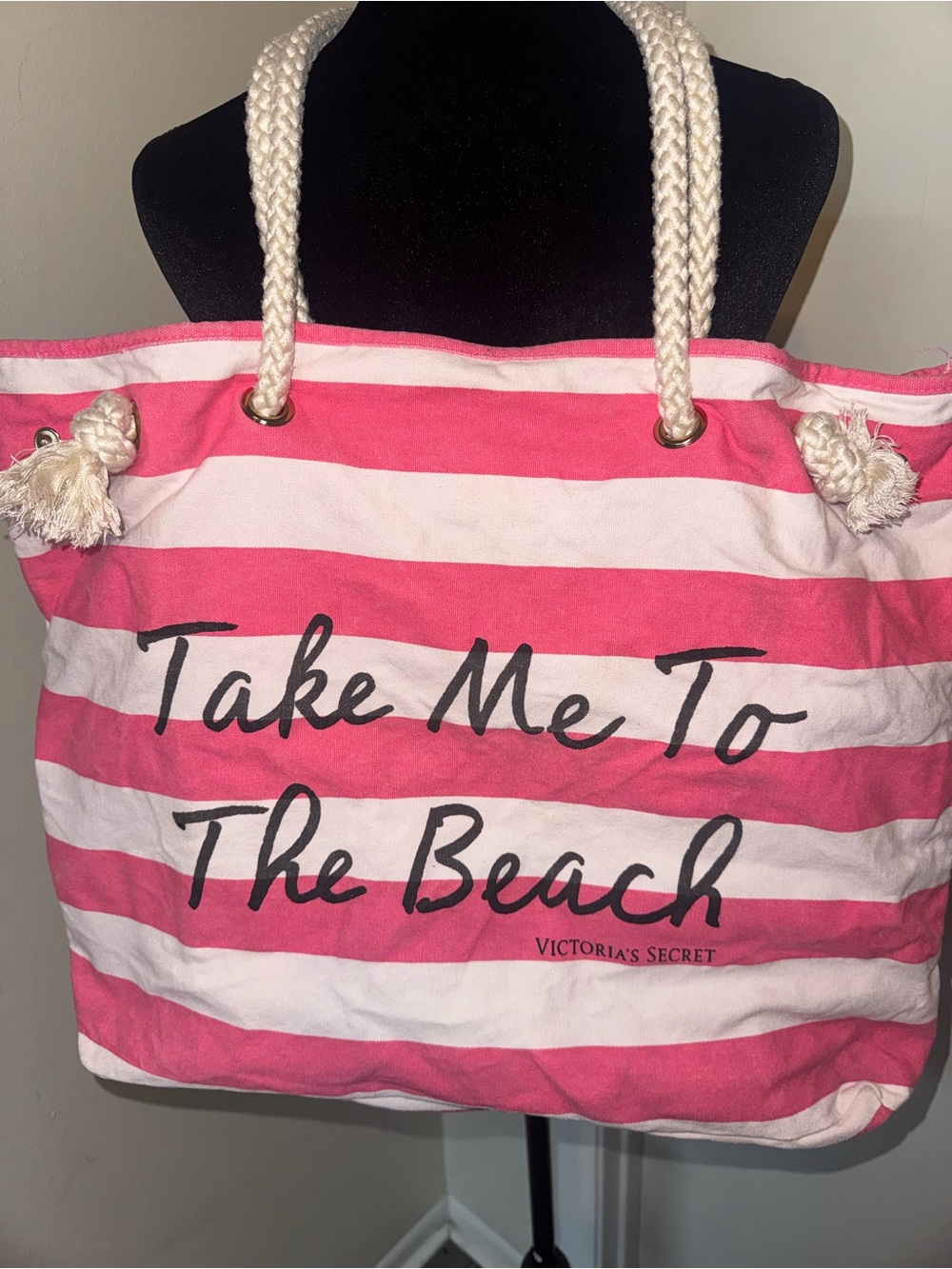 Victoria's Secret Pink and White Striped Rope-Handle Tote